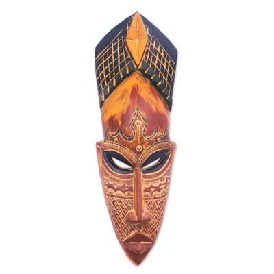 Bongani,'Hand-Carved Painted African Wood Wall Mask in Rust Orange'