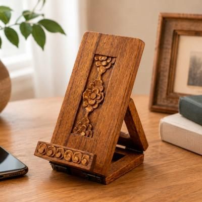 'Hand-Carved Foldable Wood Phone Holder with Floral Motifs'