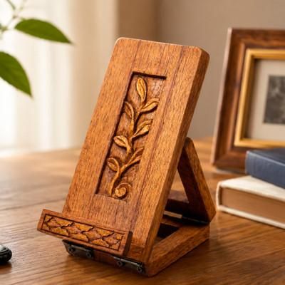 'Nature-Themed Foldable Brown Jempinis Wood Phone Holder'