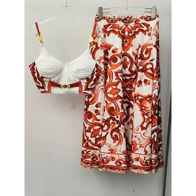Nouvel ensemble deux pièces sexy pour femme : haut court à bretelles avec boucle en fer et jupe bouffante taille haute, imprimé tendance pour l'été
