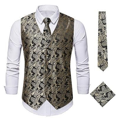 set di cravatte da uomo paisley floreale jacquard cravatta da taschino 3 pezzi gilet retro vintage rococò per abito o smoking festa di nozze mascherata