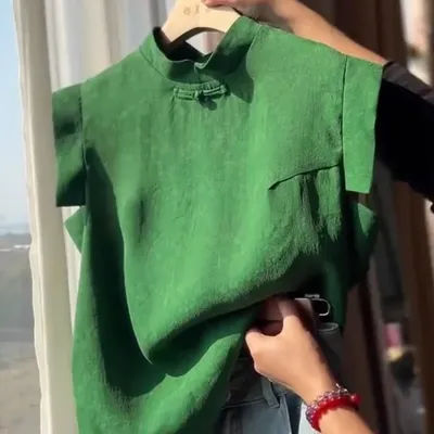 Chemisier sans manches pour femme, nouveau style chinois, col Cheongsam, élégant, vert, en lin, vintage, décontracté, pour l'été