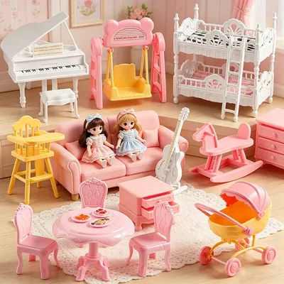 1/12 Scale Dollhouse Furniture Set Simulated Crib Piano Dining Table Swing Toys for Kids Pretend Play & Dollhouse Decoration