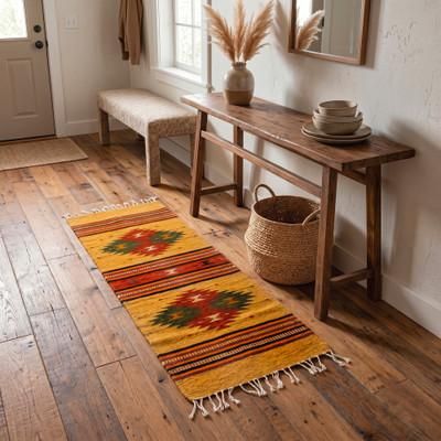 Captivating Geometry,'Handwoven Geometric 1.5x4 Zapotec Wool Runner in Yellow'