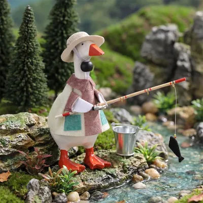 Desk Goose Clothes 7 Inches Cute Mini Goose Outfits Including Costume Angling Rod Bucket and Straw Hat Set of 4