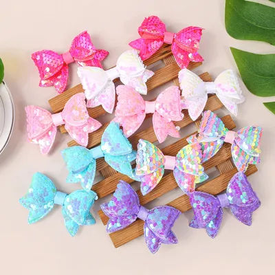 6/12pcs Sequin Glitter Gradient Color Double Bow Barrettes For Kids Fashion Cute Hair Clips For Girls Women Hair Accessories