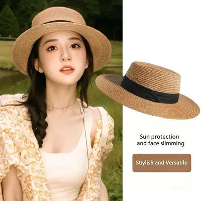 [YY35]【xxx】Chapeau de paille à bord plat style français tendance, chapeau de soleil de plage, chapeau de paille d'été pour femme pour les voyages et les vacances[Y35]