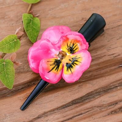 'Hair Clip with Resin-Coated Pink Yellow Natural Pansy Flower'