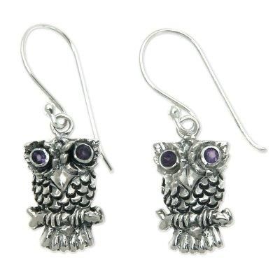 Baby Owl,'Sterling Silver and Amethyst Bird Earrings'