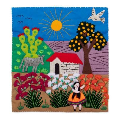 'Nature-Inspired Cotton-Blend Appliqué Wall Hanging from Peru'