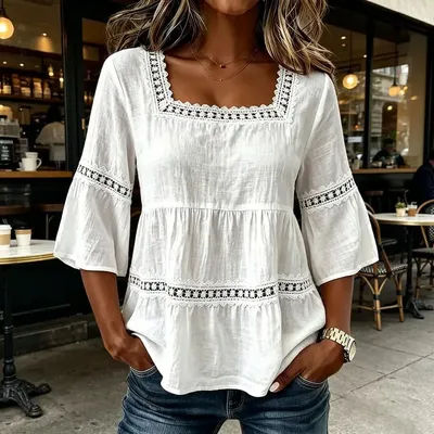 Hauts pour femmes à col carré, manches 3/4, couleur unie, coupe ample, chemisier doux et extensible avec design en dentelle, hauts décontractés pour femmes