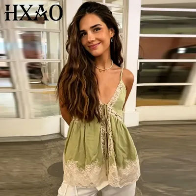 HXAO Haut de Nuit Vert en Dentelle pour Femme, Mode Été 2026, Bustier à Lacets, Évidé, Sans Manches, Dos Nu, Camisole de Plage et de Vacances