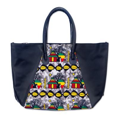 'Shell African Village-Themed Cotton-Accented Leather Tote'