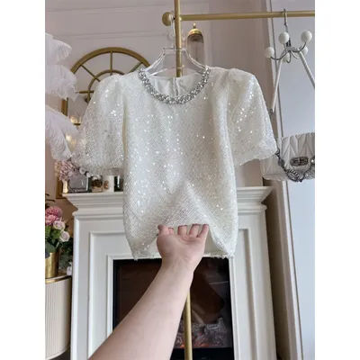 Chemisiers élégants pour femmes à manches lanternes en maille, hauts amples ornés de diamants, Blusas de défilé 245A, Blouses d'été haut de gamme blanches à sequins