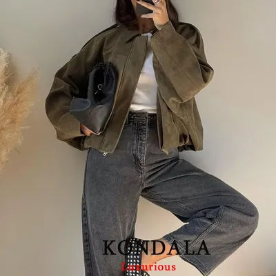 KONDALA décontracté doux Martini vert Bomber vestes femmes longue lanterne manches surdimensionné automne hiver manteaux mode 2025 vêtements d'extérieur
