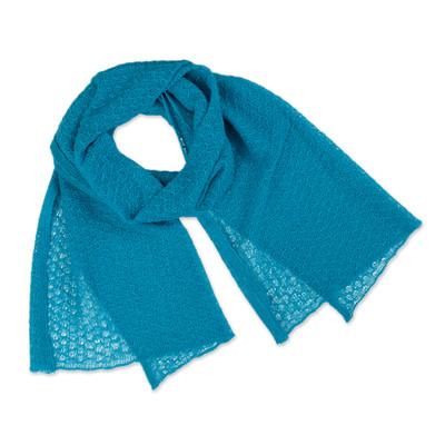 Wavy Texture in Turquoise,'Blue Textured Knit Scarf Crafted from 100% Baby Alpaca Fiber'
