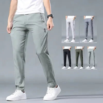 Pantalon décontracté d'été pour homme, coupe slim, séchage rapide, taille élastique, pour activités de plein air, mode masculine, vert, gris, noir