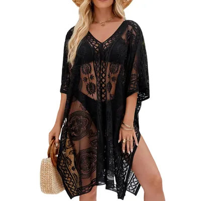 Couverture de plage élégante et sexy en dentelle pour femmes, cache-maillot de bain, cache-maillot de bain à col en V pour la piscine, la plage et les soirées