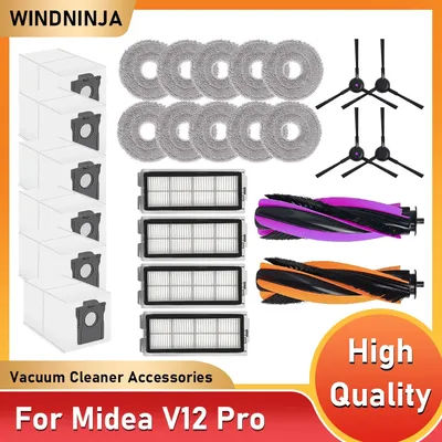 For Midea V12 Pro Sweeping Robot Vacuum Cleaner Hepa Filter Main Side Brush Spare Parts Dust Bag Mop Pad Home Accessories