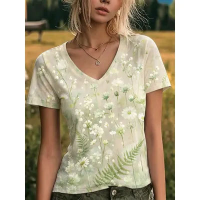 T-shirt à col en V pour femme, imprimé fleurs sauvages aquarelle, haut décontracté à manches courtes, motif floral vert frais pour le quotidien printemps-été