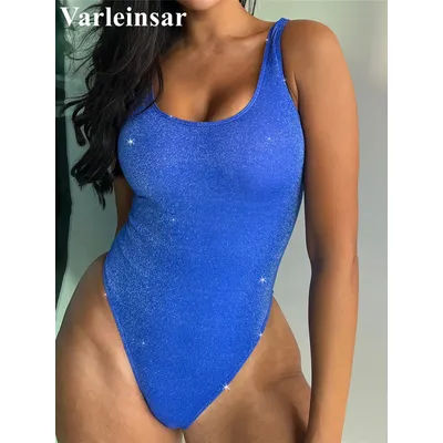 Maillot de bain une pièce sexy à paillettes scintillantes, dos nu, coupe haute, pour femmes, V4333