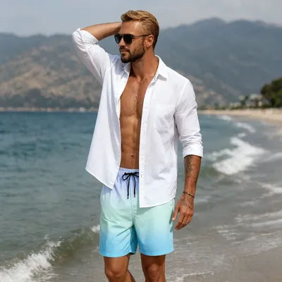 Shorts de bain dégradés pour hommes, séchage rapide, bleu vert dégradé, avec cordon de serrage, pour la plage, le surf et les activités estivales