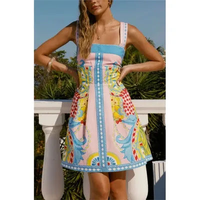Été couverture Ups femmes maillot de bain Spaghetti sangle Robes maillot de bain 2026 nouvelle fleur impression plage vacances Mini Robes couverture