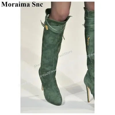 Bottes montantes vertes en similicuir à boucle, talon fin, pour femme, avec fermeture éclair latérale, bout rond, tendance, décontractées, style défilé