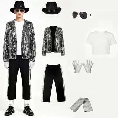 Michael Jackson Cosplay Costume Set, King of Pop 80s 90s Hip Hop Sequin Outfit with Hat Sunglasses for Halloween Carnival Party
