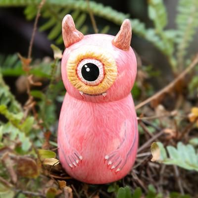 Pink Ogre,'Hand-Painted Whimsical Pink Recycled Teak Ogre Figurine'