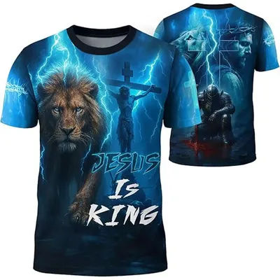 Jesus Is King Christian T Shirt Lion Cross Lightning Faith Graphic Inspirational Religious Tee Powerful Gift for Believers