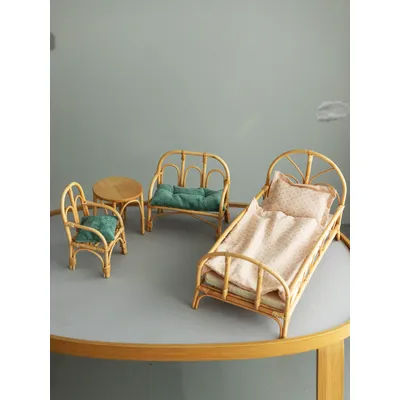 Handmade Rattan Doll Furniture Mini Wicker Bed Double & Single Chairs Table for Dollhouse Pretend Play Kids Room Decorative