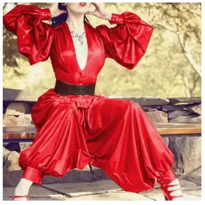 Robe de mode en caoutchouc latex, haut et pantalon, jupe en caoutchouc, col en V, bal masqué