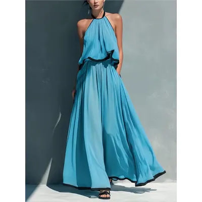 Ensemble deux pièces élégant : haut sans manches à col halter + jupe longue taille haute, mode estivale, uni, décontracté, vêtements pour femmes