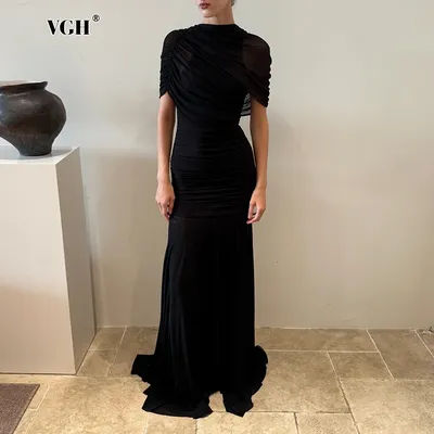 Robe longue de soirée de luxe VGH noire en maille transparente froncée pour femme, col rond, manches courtes, silhouette moulante, idéale pour le tapis rouge