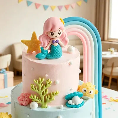Mermaid Design Cake Topper Rainbow Tail Shell Castle Starfish Fits Girl Themed Birthday Baby Party Cake Desktop Ornament Layout