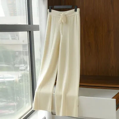 Pantalon large en tricot à taille haute pour femme, style coréen, décontracté et ample, chaud pour l'hiver