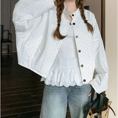 Veste décontractée ample à pois avec col montant pour femme – Tendance printemps, haut polyvalent