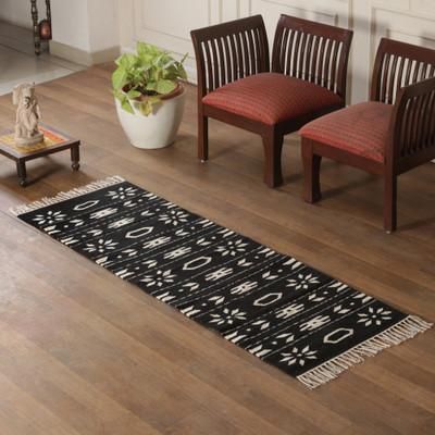 Midnight Harmony,'2x6 Black White Geometric Floral Modern Cotton Dhurrie Rug'