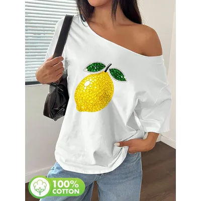 T-shirt grande taille à imprimé citron et pierres précieuses, style Y2K, hauts graphiques oversize pour femmes, haut d'été à épaules dénudées