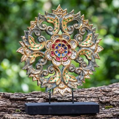 Blooming Grandeur,'Floral Mosaic Wood Sculpture with Mirrored Glass Inlays'