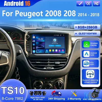 Autoradio Android 16 CarPlay pour Peugeot 2008 208 2014 2015 2016 2017 2018 Lecteur multimédia automobile GPS Navigation Bluetooth WiFi