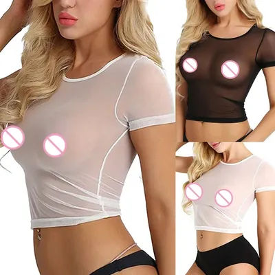 Haut court à manches courtes pour femmes, sous-vêtements, sexy, en maille transparente, t-shirts, slim, transparent