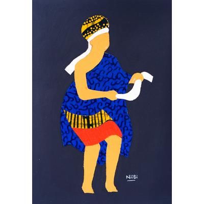 Adowa II,'Akan-Inspired Cotton Wall Art of Adowa Dancer in Blue Hues'
