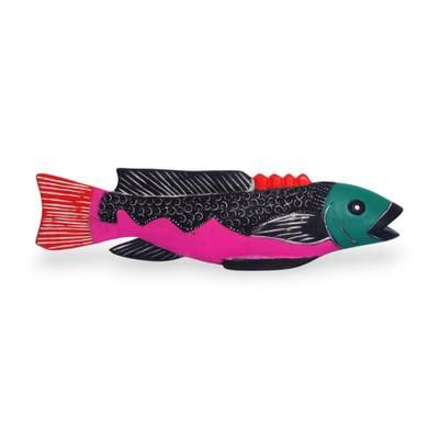 'Hand-Painted Sese Wood Fish Sculpture with Antiqued Accents'