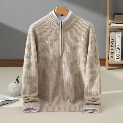 Pull en cachemire 100% de haute qualité pour homme, tricoté, pull de luxe épais, col montant, fermeture éclair, haut tendance, streetwear pour homme