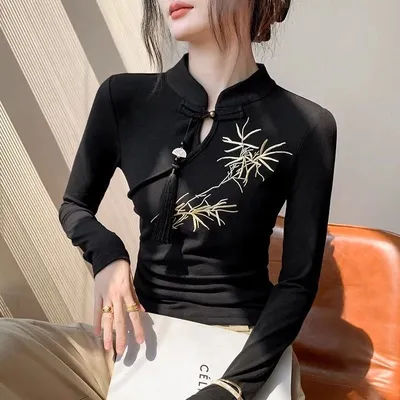 Nouveau haut d'hiver polyvalent à manches longues de style chinois 2026, haut qipao rétro brodé en bambou, élégante blouse quotidienne pour femme