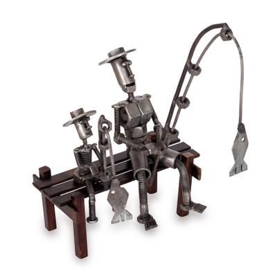 Amidst Hooks and Smiles,'Recycled Metal Sculpture of Father and Son with Fishing Rods'