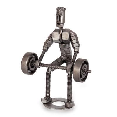 'Eco-Friendly Recycled Metal Sculpture of Man Lifting Weights'