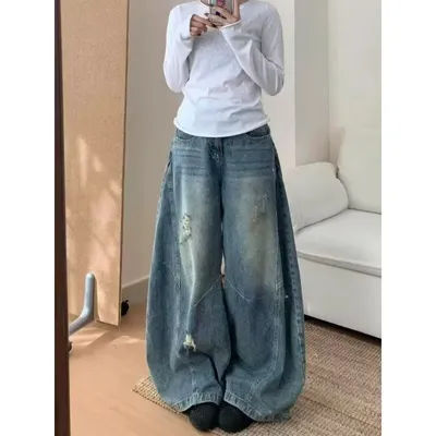 Jean vintage bleu taille haute déchiré à jambe large pour femme – Pantalon ample élégant amincissant et fluide